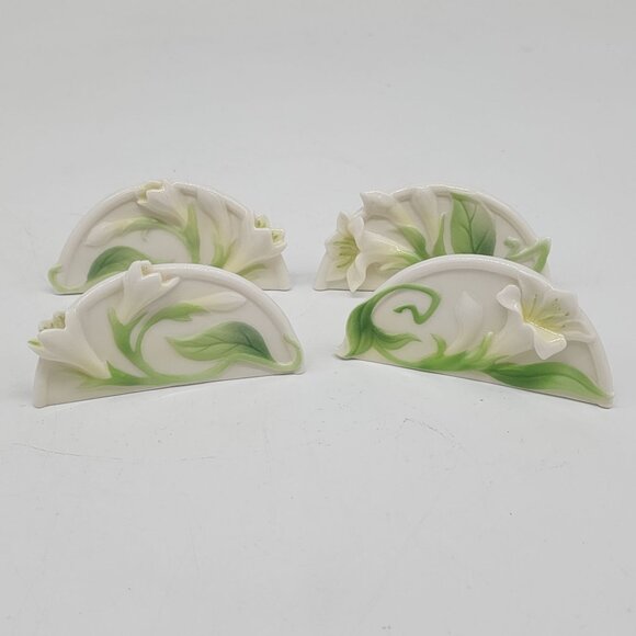 Set Of 4 Franz Porcelain Lily Place Holders Green & White Floral Design - Picture 1 of 6